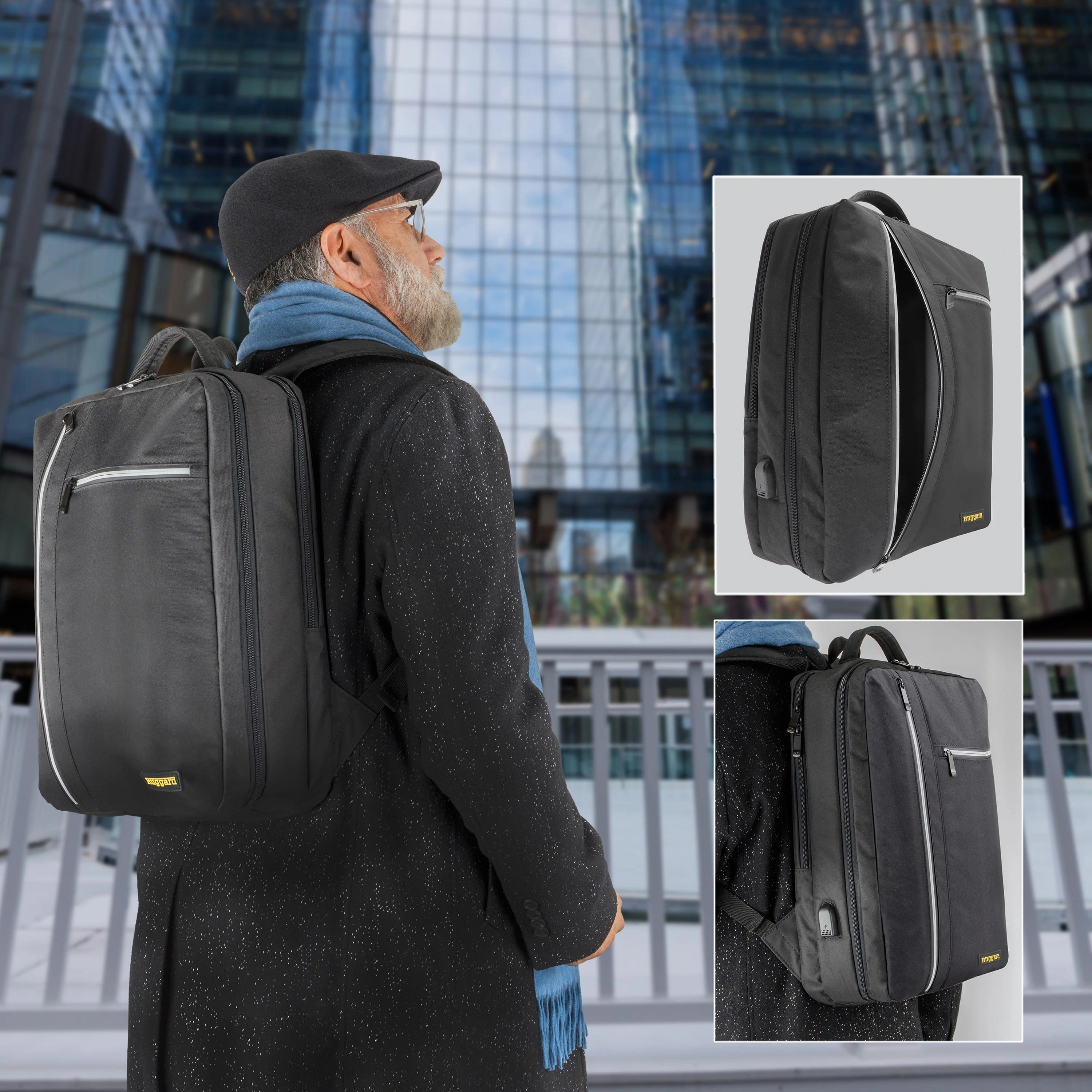 Man wearing a city backpack detail inserts