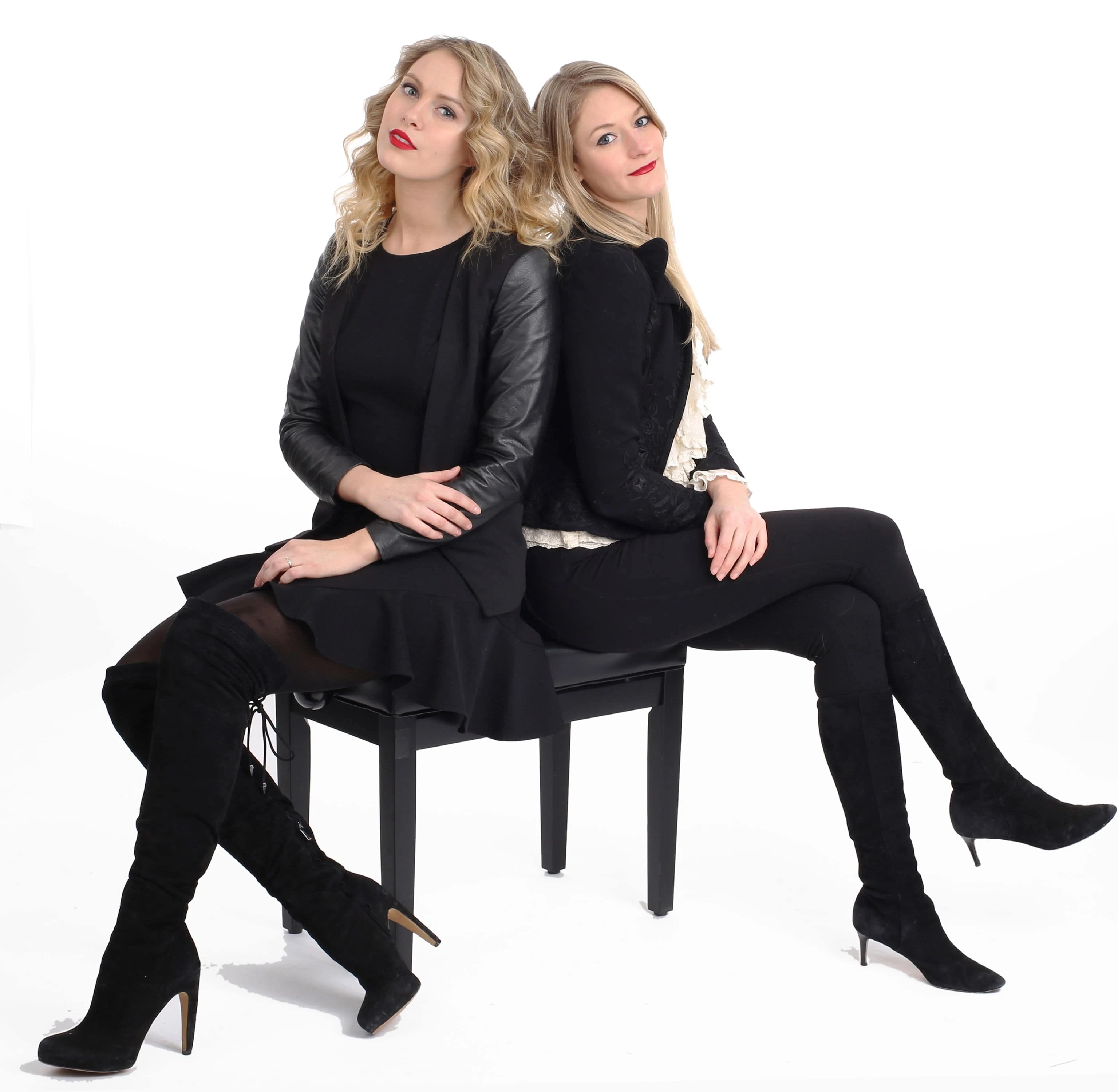 Two women portrait on a piano bench