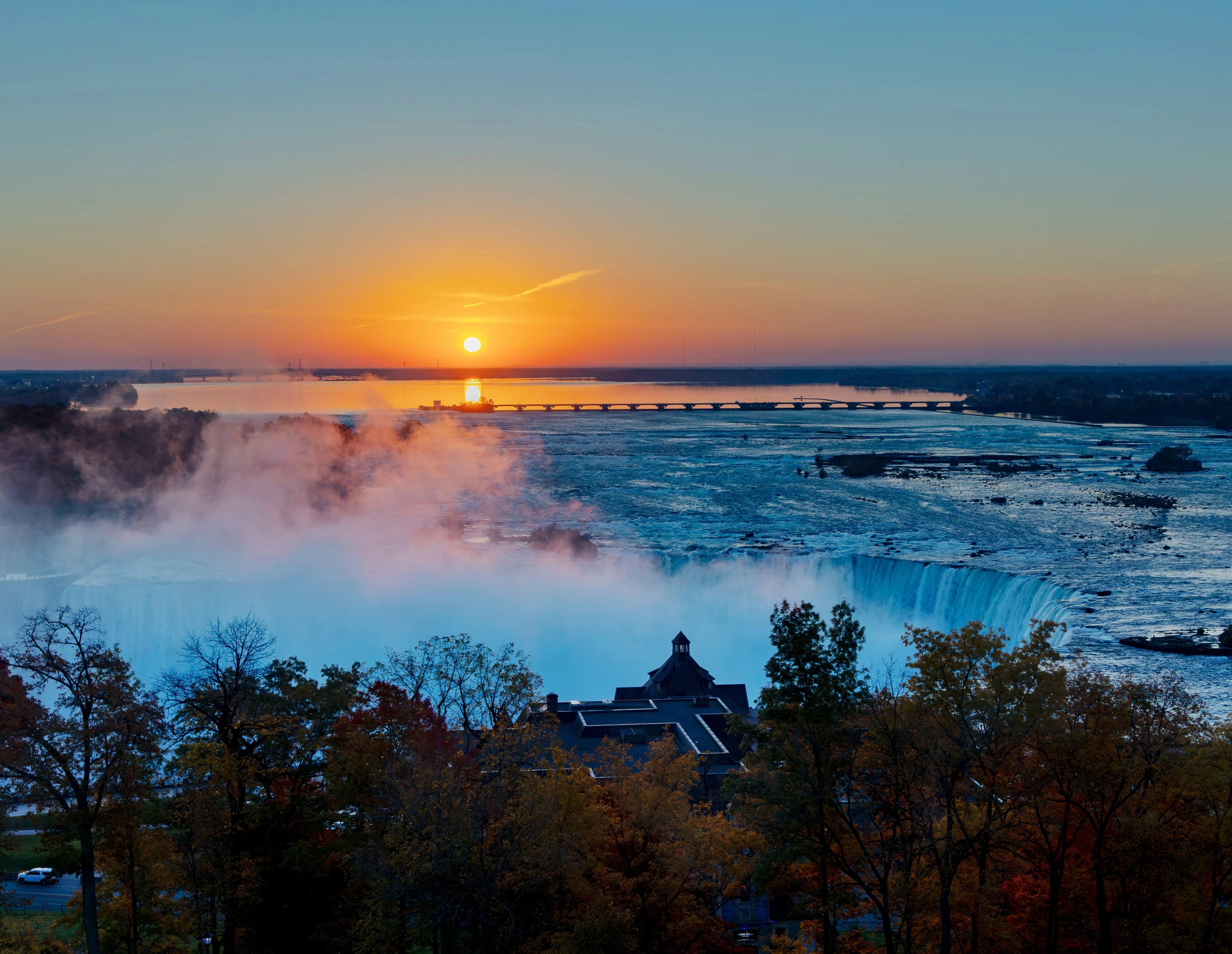 OUT THE WINDOW: Horseshoe Falls at Sunrise viewed from hotel, Ontario