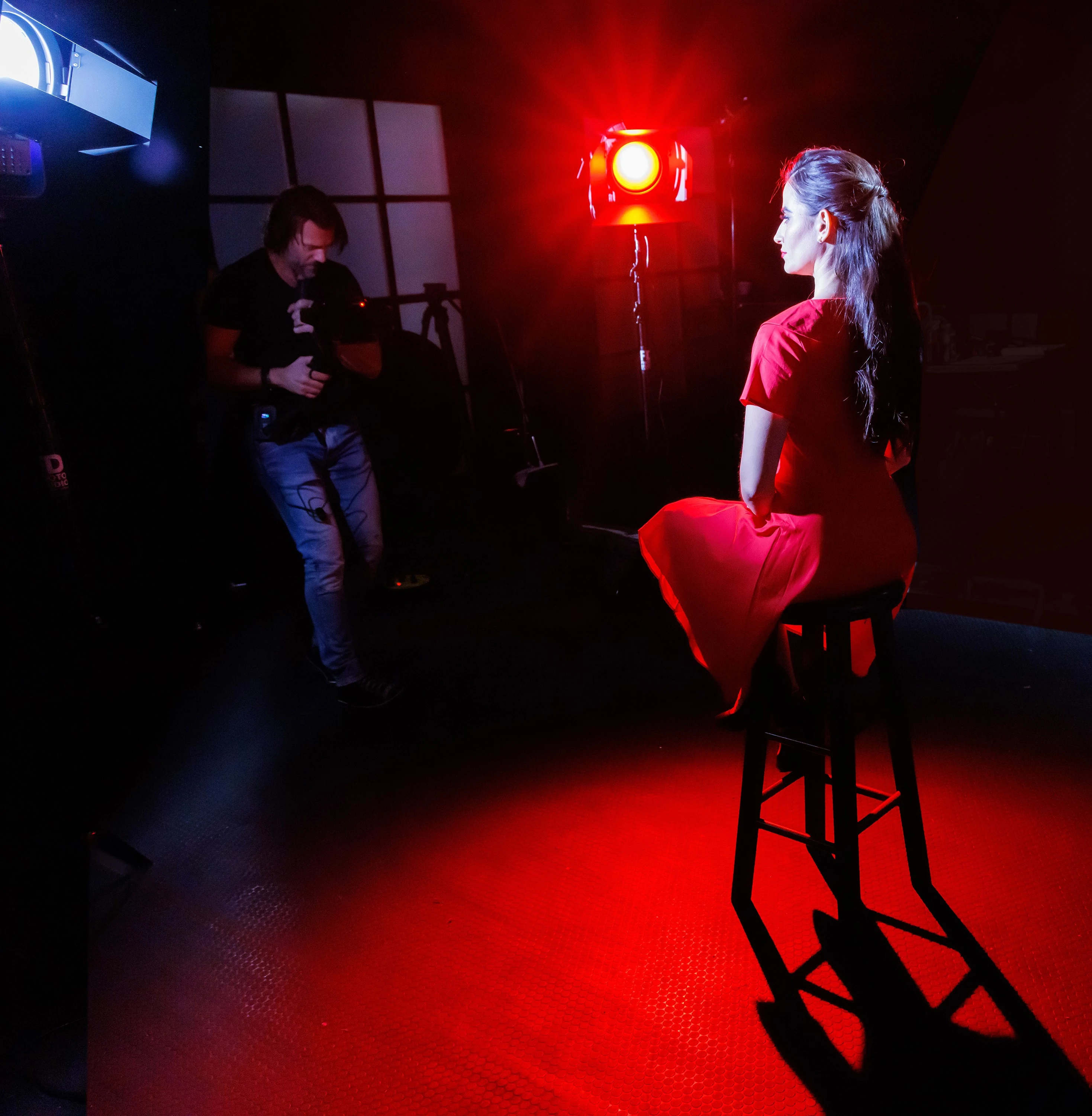 Red LED Fresnel Light in Use, portrait