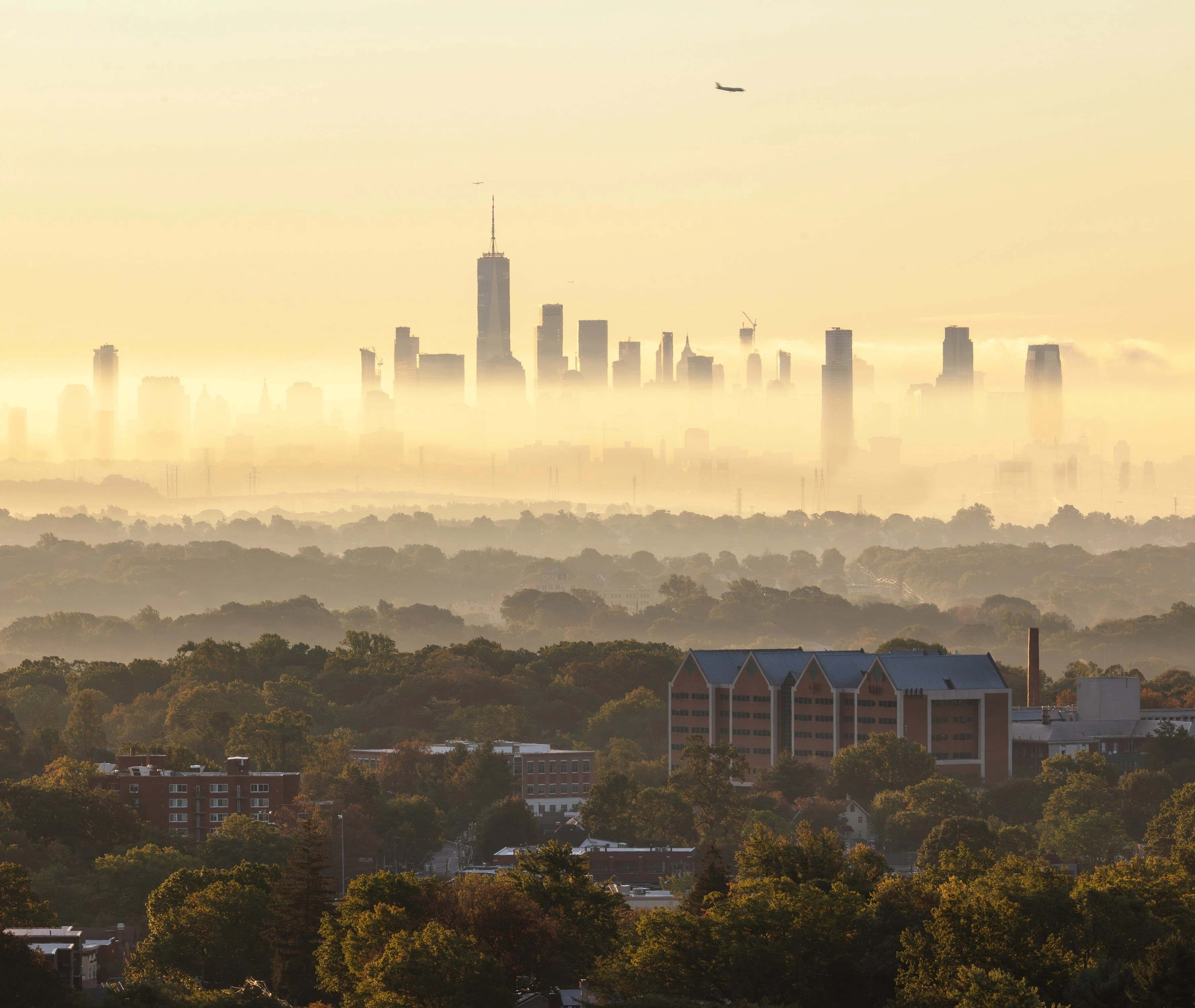 OUT THE WINDOW: misty sunrise view of NYC and Jersey City Skyline from Montclair NJ