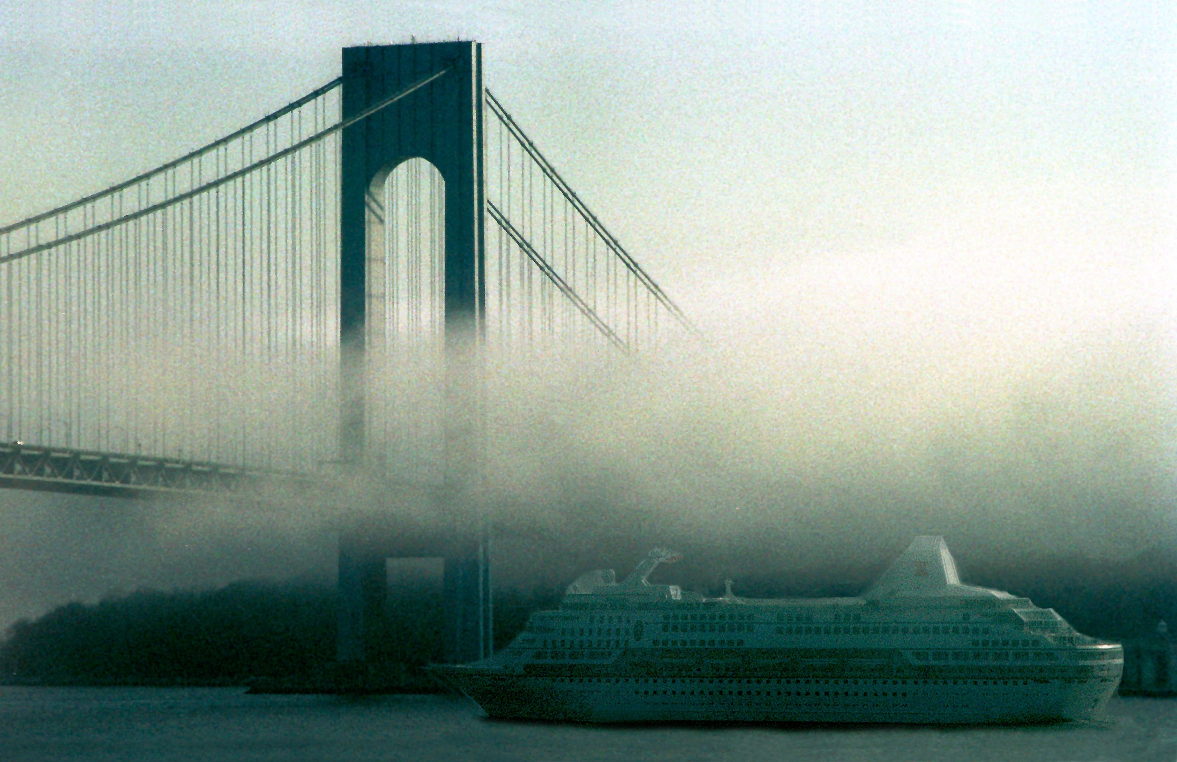 OUT THE WINDOW: Verrazano Bridge and Cruise Ship in morning mist viewed from Bay Ridge, NY